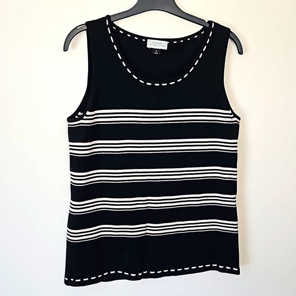 Tahari ASL Black Cream Striped Sleeveless Silk Blend Top Size 8